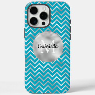 Aqua Silver Zigzag Streifen Monogram iPhone 16 Pro Max Hülle