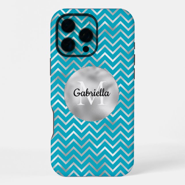 Aqua Silver Zigzag Streifen Monogram iPhone Hülle (Rückseite)