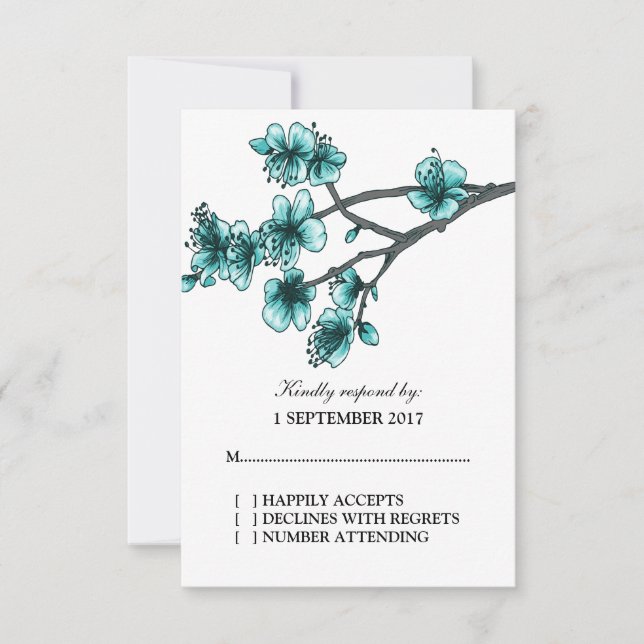 Aqua Simple Cherry Blossoms RSVP Karte (Vorderseite)