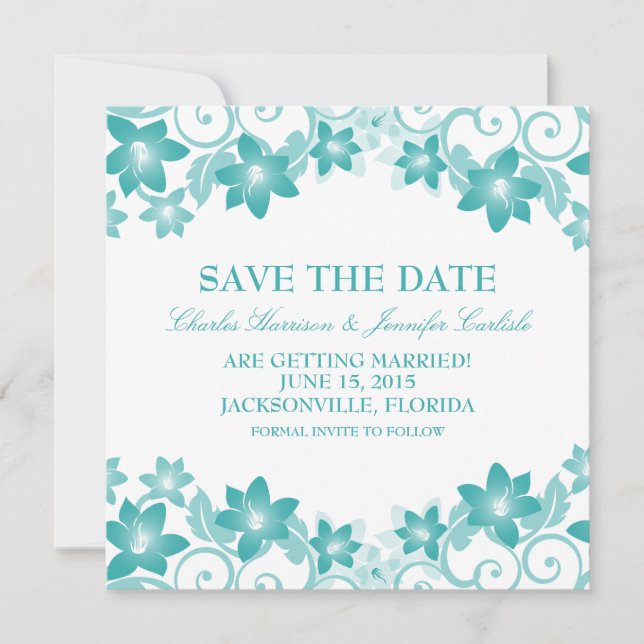 Aqua Simple Floral Save the Date laden Einladung (Vorderseite)