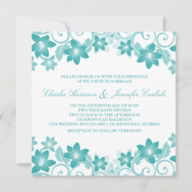 Aqua Simple Floral Wedding Einladung (Vorderseite)