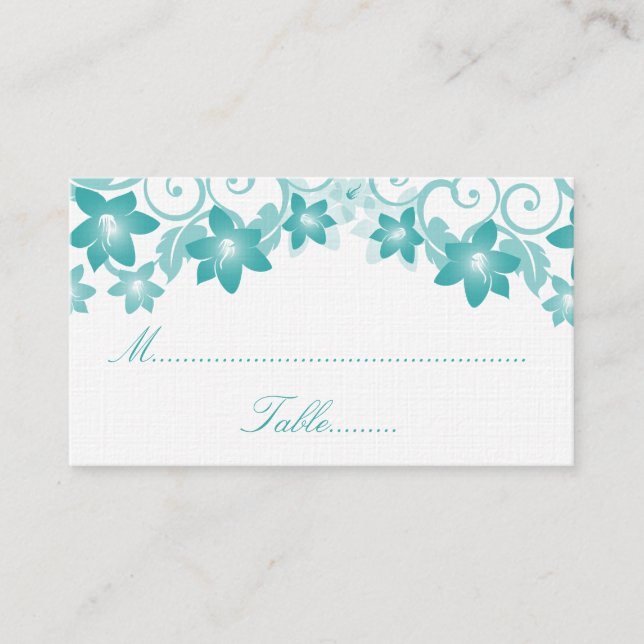 Aqua Simple Floral Wedding Platzkarte (Vorderseite)