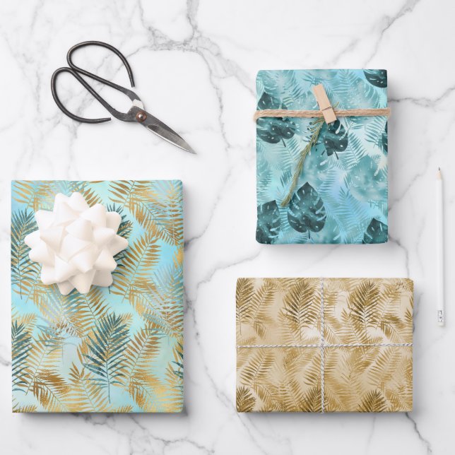 Aqua Sky Green Gold Tropical Blätter (Vorderseite)