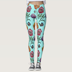 Aqua Small Poppy Floral Leggings