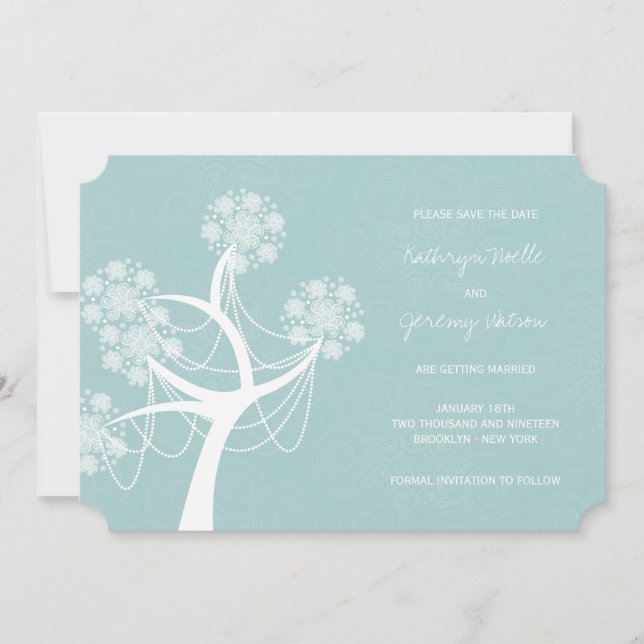 Aqua Snow Blume Tree Winter Wedding Save the Date Einladung (Vorderseite)