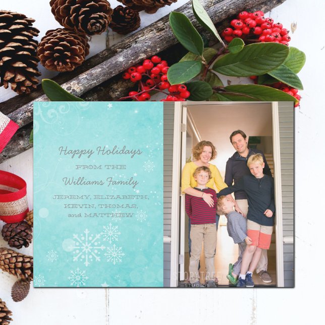 Aqua Snowflake Wirbel Foto Ferienwohnung Feiertagskarte (Aqua Snowflake Swirls Holiday Photo Card)
