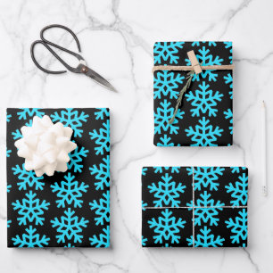 Aqua Snowflakes auf schwarz Geschenkpapier Set