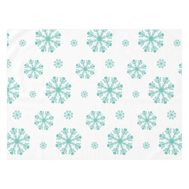 Aqua Snowflakes auf weißem Holiday Tableclout Tischdecke (Vorderseite (Horizontal))