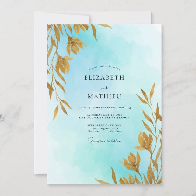 Aqua Soft Gold Blatt Hochzeit Einladung (Vorderseite)