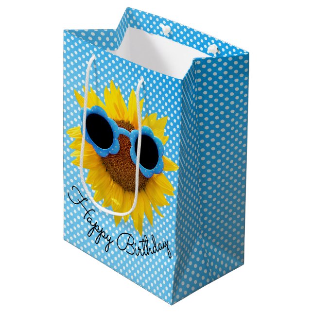 Aqua-Sonnenbrille auf Sonnenblumen Mittlere Geschenktüte (Vorderseite Schrägansicht)
