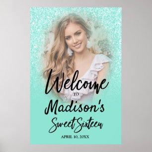 Aqua Sparkle Glitzer Sweet 16 Foto Willkommenspend Poster