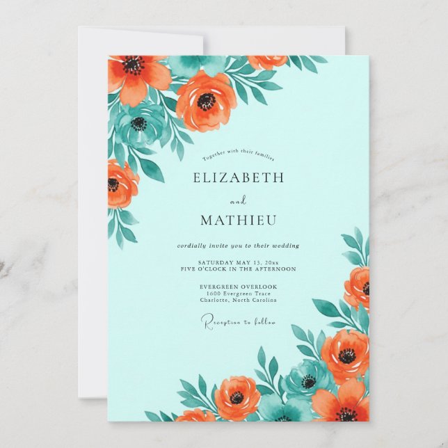 Aqua Spirited Botanical Wedding Einladung (Vorderseite)