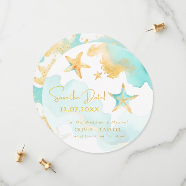 Aqua Starfish Nautical Beach Hochzeit Save the Dat Date (Vorderseite/Rückseite Beispiel)