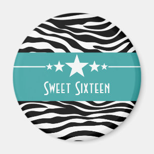 Aqua Stars Zebra Print Sweet 16 Magnet