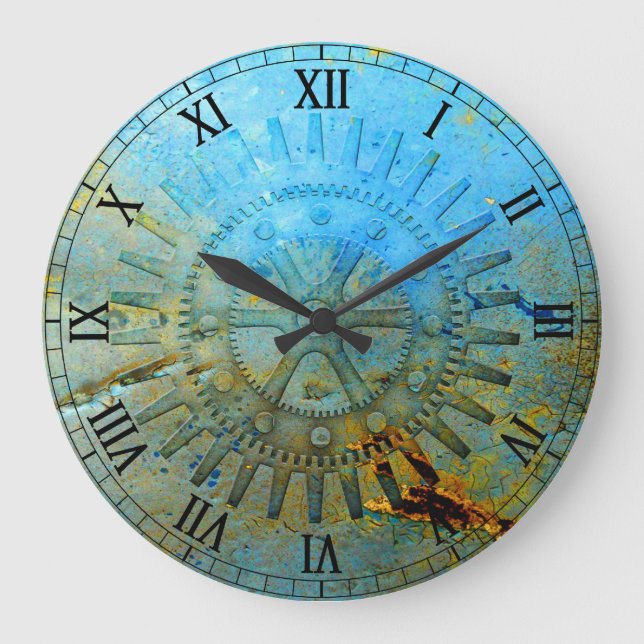 Aqua Steampunk Gears Wall Clock Große Wanduhr (Vorderseite)