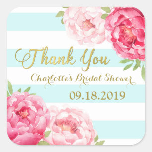 Aqua-Streifen Gold Rosa Floral Brautparty Quadratischer Aufkleber