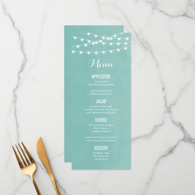 Aqua String Lights Wedding Menu Card Menükarte (Vorderseite/Rückseite Beispiel)