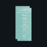 Aqua String Lights Wedding Menu Card Menükarte<br><div class="desc">Moderne Hochzeitskarte mit schlichter, eleganter Linienleuchte, die über das Oberteil hängt und eine elegante Mischung aus modernen und kalligraphischen Script-Schriftart auf einem Imitat mit Aquarelltextur. Ein schlichtes und stilvolles Design, perfekt für den Sommer! Klicken Sie auf die Schaltfläche IT CUSTOMIZE, um Schriftart anzupassen, Text zu verschieben und Ihr eigenes einzigartiges...</div>