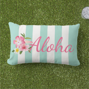 Aqua Stripe Aloha Hibiskus Tropisch Kissen Für Draußen