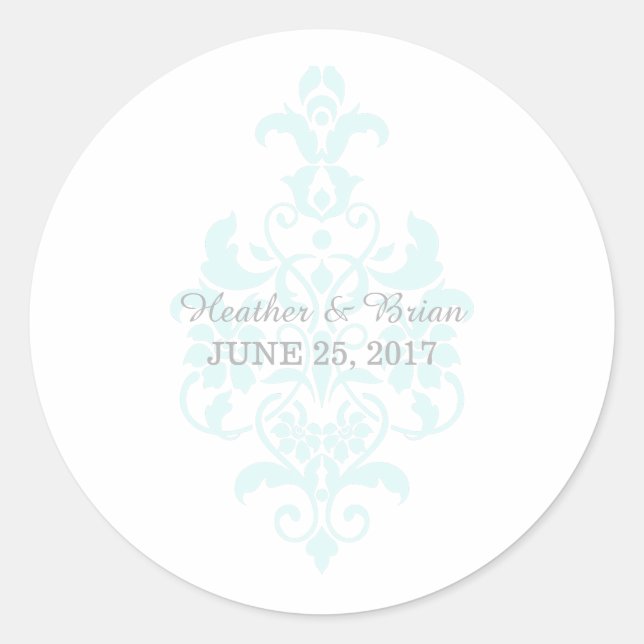 Aqua Subtle Damask Hochzeitskleber Runder Aufkleber (Vorderseite)