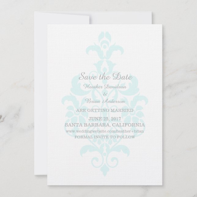 Aqua Subtle Damask Save the Date einladen Einladung (Vorderseite)