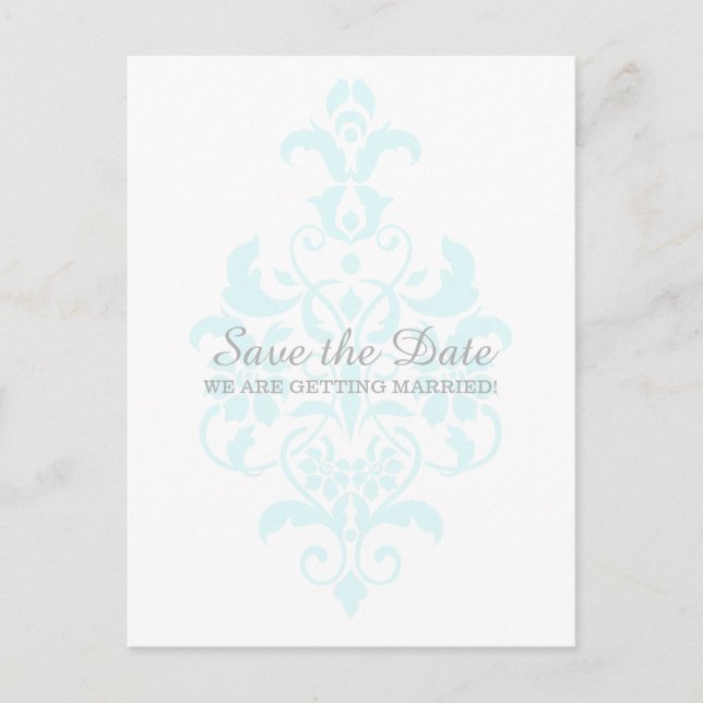Aqua Subtle Damask Save the Date Postkarte (Vorderseite)