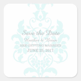 Aqua Subtle Damask Save the Date Stickers