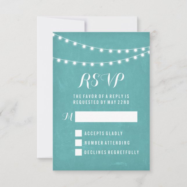 Aqua Summer String Light Wedding RSVP Karte (Vorderseite)