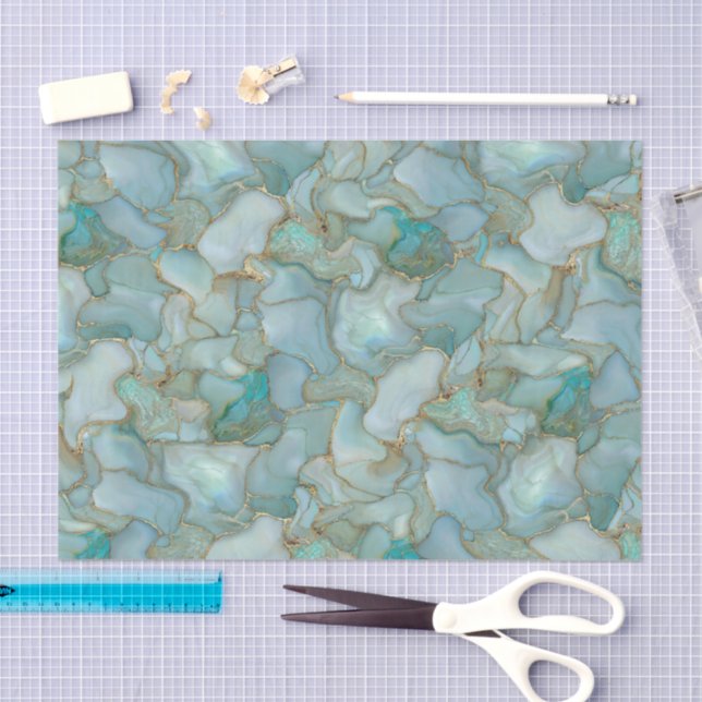 Aqua Teal Gold Watercolor Marbelized Sea Glass  Seidenpapier (Handwerk)