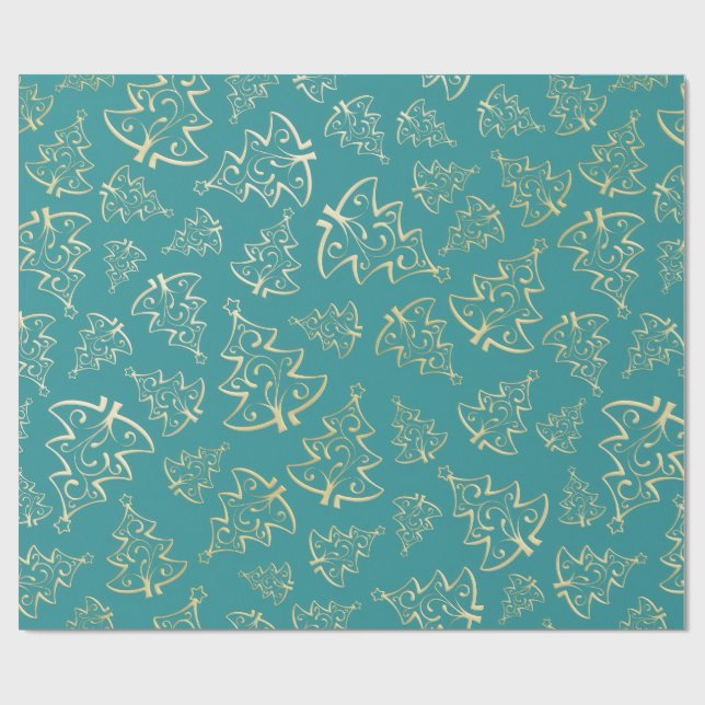  Aqua & Teal Xmas Wrapping Paper with Gold Accents Geschenkpapier (Flach)