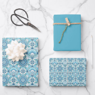 Aqua, Teals, Blues und Weiß Art Deco Coastal  Geschenkpapier Set