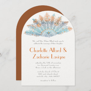 Aqua Terracotta Coral Vintag Feather Fan Wedding Einladung