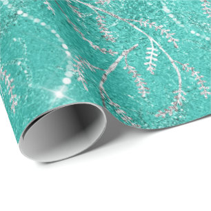 Aqua Tiffany Mint Laurel Floral Silver Diamonds Geschenkpapier