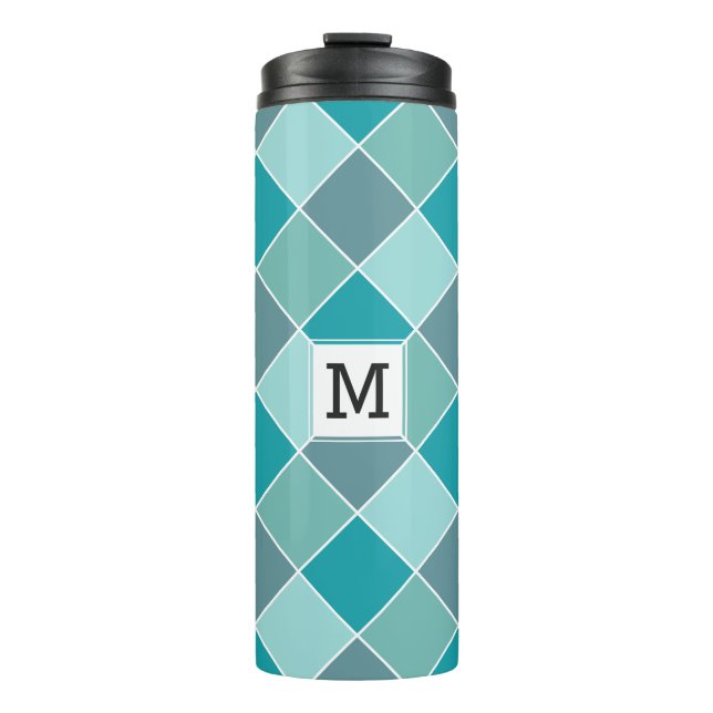 Aqua Tile Muster kundenspezifische Monogramm Tumbl Thermosbecher (Vorderseite)
