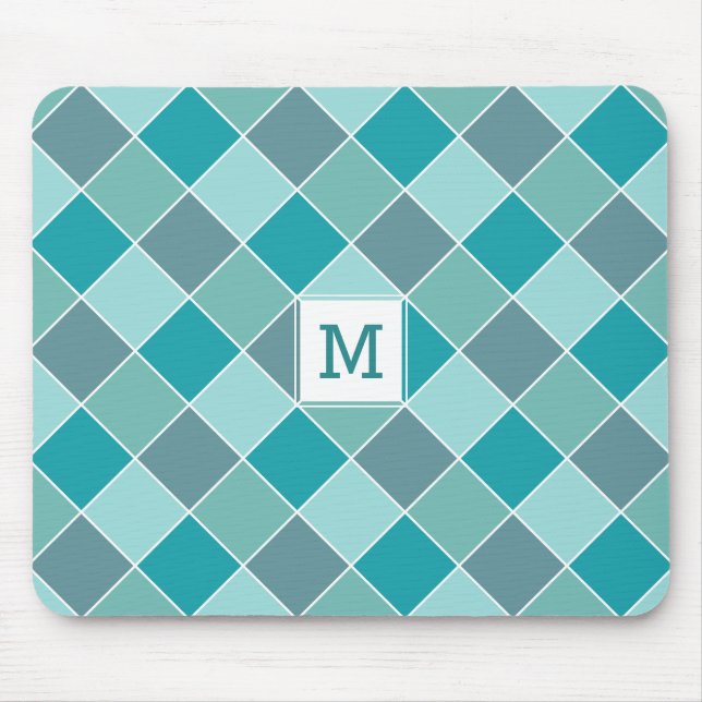 Aqua Tile Pattern benutzerdefiniertes Monogramm Mo Mousepad (Vorne)