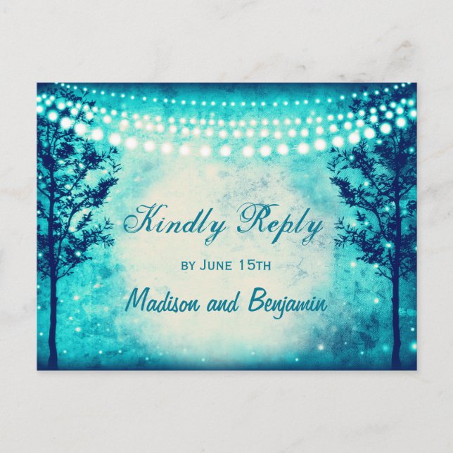 Aqua Trees String Lights Wedding RSVP POSTCARDS Einladungspostkarte (Vorderseite)
