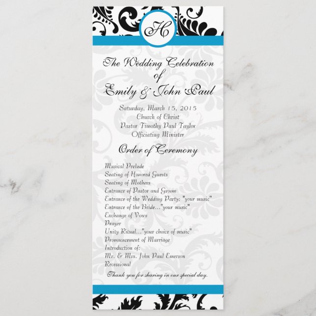 Aqua Trim Black Damask Wedding Program Programm (Vorderseite)