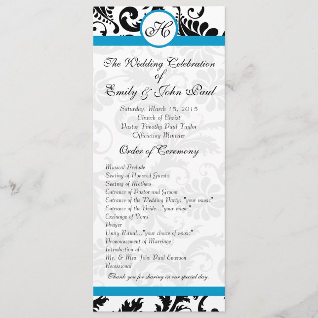 Aqua Trim Schwarzes Damast-Hochzeitsprogramm Programm (Vorderseite)