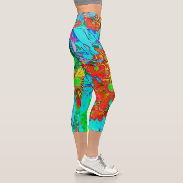 Aqua Tropical mit gelben und orangefarbenen Blume Capri Leggings (Rechts)