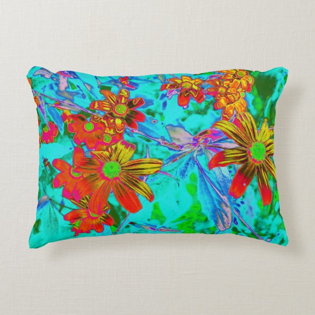 Aqua Tropical mit gelben und orangefarbenen Blume Dekokissen (Vorderseite)