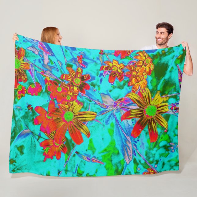Aqua Tropical mit gelben und orangefarbenen Blume Fleecedecke (Beispiel)