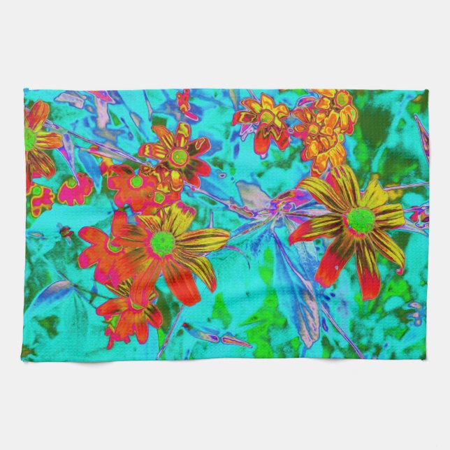 Aqua Tropical mit gelben und orangefarbenen Blume Geschirrtuch (Horizontal)