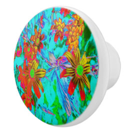 Aqua Tropical mit gelben und orangefarbenen Blume Keramikknauf