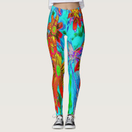 Aqua Tropical mit gelben und orangefarbenen Blume Leggings
