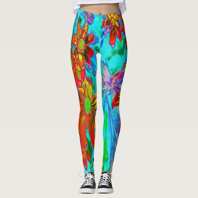 Aqua Tropical mit gelben und orangefarbenen Blume Leggings (Vorderseite)