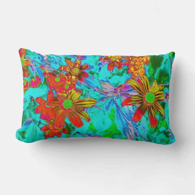 Aqua Tropical mit gelben und orangefarbenen Blume Lendenkissen (Vorderseite)