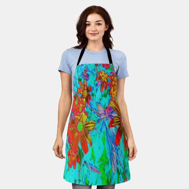 Aqua Tropical mit gelben und orangefarbenen Blume Schürze (Getragen)