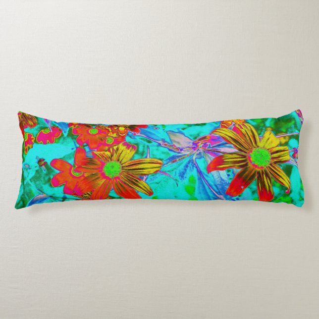 Aqua Tropical mit gelben und orangefarbenen Blume Seitenschläferkissen (Vorderseite)