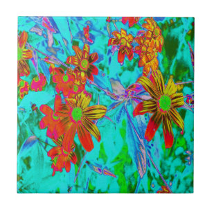 Aqua Tropical mit gelben und orangen Blumen Fliese