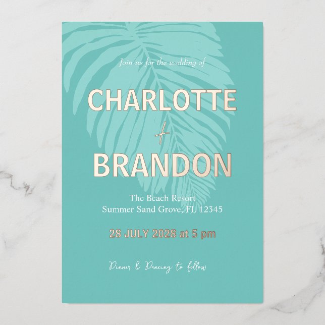 Aqua Tropical Palm Leaf Wedding Folieneinladung (Vorderseite)